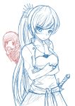  2girls :/ blue_eyes blush can&#039;t_be_this_cute cookie crossed_arms dress eating food hair_ornament long_hair monochrome multiple_girls parody ponytail ruby_rose rvin rwby short_hair sketch weapon weiss_schnee 