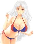 1girl absurdres alternate_costume bikini breasts brown_eyes cleavage front-tie_top highres large_breasts long_hair navel open_mouth side-tie_bikini simple_background solo swimsuit touhou wavy_hair white_background white_hair x&amp;x&amp;x yagokoro_eirin 