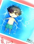  1boy black_hair chibi cigarette emiya_kiritsugu fate/zero fate_(series) floating highres pink_blade pool solo sunglasses swim_trunks 