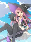  1girl atelier_(series) atelier_escha_&amp;_logy black_legwear clouds dress from_below hat long_hair pantyhose pink_eyes pink_hair shamanwer sky smile solo staff wilbell_voll=erslied witch witch_hat 