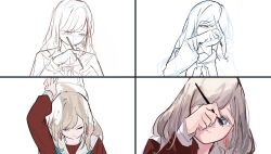  1girl aqua_neckerchief blue_eyes brown_dress bucket ceras_yanagida_lilienfeld commentary dms drawing_on_own_face dress english_commentary fourth_wall grey_hair hair_ribbon hasu_no_sora_school_uniform highres holding holding_bucket holding_paintbrush link!_like!_love_live! long_hair long_sleeves love_live! mizukawa_school_uniform neckerchief paint paintbrush pink_ribbon ribbon sailor_collar sailor_dress school_uniform sketch swept_bangs virtual_youtuber white_sailor_collar winter_uniform 