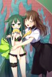  2girls bikini black_bikini book brown_hair closed_eyes frilled_bikini frills gatchaman_crowds green_eyes green_hair highres hug ichinose_hajime long_hair multiple_girls pantyhose school_uniform swimsuit utsutsu very_long_hair yaguo 