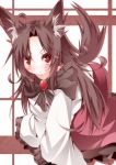  1girl all_fours animal_ears blush brooch brown_eyes brown_hair daidai_ookami fang imaizumi_kagerou jewelry long_sleeves shirt skirt smile solo tail touhou wide_sleeves wolf_ears wolf_tail 