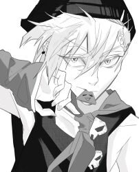  1boy alien_stage arm_warmers chinese_commentary commentary greyscale hair_between_eyes hat highres ivan_(alien_stage) male_focus monochrome mouth_hold neckerchief official_alternate_costume plectrum plectrum_in_mouth sasodeiisreal shirt short_hair sleeveless sleeveless_shirt solo till_(alien_stage) 