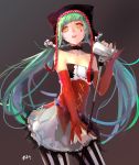  1girl absurdres cat_food_(vocaloid) detached_sleeves green_hair hatsune_miku highres kinven long_hair microphone microphone_stand pantyhose skirt solo twintails vertical-striped_legwear vertical_stripes very_long_hair vocaloid yellow_eyes 