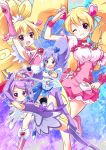  4girls :d aida_mana aono_miki arm_up armpits berry_sword blonde_hair blush closed_eyes cure_berry cure_heart cure_peach cure_sword dokidoki!_precure fresh_precure! grin half_updo hand_on_hip heart kenzaki_makoto midriff momozono_love multiple_girls navel open_mouth precure purple_hair salute side_ponytail smile sparkle teio twintails wink 
