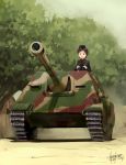  1girl binoculars dust garrison_cap girls_und_panzer hat highres jagdpanther kanokoga military military_uniform ritaiko tank_destroyer tree uniform 