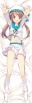  1girl blush brown_hair error_musume hat kantai_collection kneehighs komone_ushio long_hair looking_at_viewer lying navel on_back open_mouth outstretched_arms skirt smile solo twintails white_legwear 