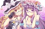 2girls bare_shoulders bespectacled black_gloves blonde_hair blush bow breasts bust cleavage crescent glasses gloves grin hat hat_bow kirisame_marisa long_hair matatabi_maru multiple_girls patchouli_knowledge purple_hair smile star touhou violet_eyes wink witch_hat 