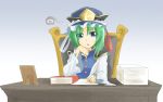  1girl blue_eyes book chair desk feathers green_hair hat highres kakao_(noise-111) shiki_eiki solo touhou 