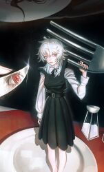  1girl absurdres black_dress chainsaw_man closed_mouth dress dromi999 english_commentary fork highres knife long_hair looking_at_viewer mini_person minigirl pinafore_dress plate red_eyes salt_shaker shirt sleeveless sleeveless_dress solo standing white_hair white_haired_girl_(chainsaw_man) white_shirt 