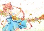  1girl blush butterfly cat dress flower happy long_hair mitsuhachi8 original petals pink_hair solo twintails yellow_eyes 