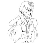  1girl alternate_costume choker dress earrings flower formal gacchahero hair_flower hair_ornament happy heartcatch_precure! jewelry long_hair looking_at_viewer monochrome precure ribbon rose simple_background sketch smile solo tsukikage_yuri white_background wink 