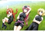  3girls absurdres black_dress blonde_hair blue_eyes braid crossed_arms dress fingerless_gloves gloves graf_eisen grass hand_on_forehead hashimoto_takayoshi highres jewelry klarwind levantine long_hair lying lyrical_nanoha mahou_shoujo_lyrical_nanoha mahou_shoujo_lyrical_nanoha_a&#039;s mahou_shoujo_lyrical_nanoha_the_movie_2nd_a&#039;s multiple_girls necklace official_art pink_hair ponytail redhead shamal short_hair signum twin_braids violet_eyes vita 