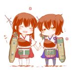  2girls ^_^ arrow brown_hair character_request chibi closed_eyes holding_hands kantai_collection kenoka long_hair looking_at_viewer multiple_girls open_mouth short_hair side_ponytail skirt smile yellow_eyes 