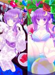  1girl alternate_costume alternate_hairstyle ball beachball bikini blurry blush breasts cleavage crescent depth_of_field fan feet_in_water flower food fruit hair_ornament hair_ribbon highres inflatable_pool japanese_clothes kimono koi large_breasts long_hair no_hat paper_fan patchouli_knowledge popsicle purple_hair ribbon shiromomo soaking_feet swimsuit touhou violet_eyes water watermelon watermelon_bar wind_chime yukata 