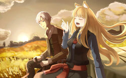  1boy 1girl animal_ear_fluff animal_ears black_pants black_skirt black_vest blue_shirt brown_hair brown_jacket closed_eyes closed_mouth craft_lawrence grey_hair hand_up highres holo index_finger_raised jacket long_hair long_sleeves open_clothes open_jacket open_mouth outdoors pants scopedog_12 shirt short_hair skirt spice_and_wolf vest wheat wolf_ears wolf_girl 