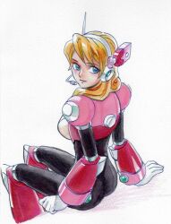  1girl alia_(mega_man) armor blue_eyes color_ink_(medium) from_behind headset hijiriiyaa invisible_chair krita_(medium) looking_back medium_hair mega_man_(series) mega_man_x_(series) pink_armor sitting solo traditional_media 