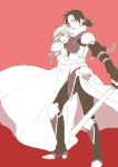  2girls armor blade christa_renz hinboku holding hug knight multiple_girls ponytail princess protecting red red_background shingeki_no_kyojin ymir_(shingeki_no_kyojin) 