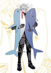  1boy aqua_eyes arm_armor black_boots black_coat black_gloves black_pants boots coat commentary english_commentary final_fantasy final_fantasy_vii final_fantasy_vii_ever_crisis full_body gloves grey_hair happy highres hugging_doll hugging_object ikea_shark light_blush male_focus open_mouth pants saosaturn sephiroth sephiroth_(ever_crisis) smile solo sparkle standing stuffed_animal stuffed_shark stuffed_toy stuffed_whale thigh_boots twitter_username white_background 