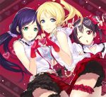  3girls \m/ ayase_eli black_hair blonde_hair blue_eyes bow fingerless_gloves frills ginka_sima gloves green_eyes hair_bow heart heart_hands long_hair looking_at_viewer love_live!_school_idol_project multiple_girls open_mouth ponytail purple_hair red_eyes red_gloves skirt sleeveless sleeveless_shirt smile toujou_nozomi twintails wink yazawa_nico 