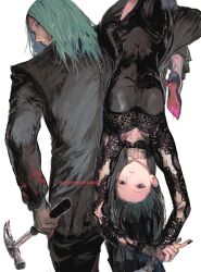  1boy 1girl artist_name assassin black_coat black_dress black_hair black_nails blank_stare blonde_hair breasts carrying_upside coat dress fishnet_dress fishnet_sleeves fishnets forehead grey_eyes grey_hair guri_otoko hammer high_heels highres looking_at_viewer nail_polish osaragi_(sakamoto_days) patterned_clothing sakamoto_days scar scar_on_chin scar_on_face see-through_clothes see-through_dress see-through_sleeves shishiba_(sakamoto_days) small_breasts stiletto_heels upside-down upside-down_head white_background 