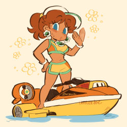  1girl amie_sanchez blue_eyes boat bra brown_hair deformed earrings english_commentary fanning_self highres hot jet_ski jewelry looking_at_viewer mario_kart mario_kart_world ponytail princess_daisy shorts simple_background solo sports_bra standing super_mario_bros. underwear watercraft yellow_bra yellow_shorts 