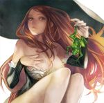  1girl breasts brown_eyes brown_hair cleavage detached_sleeves dragon&#039;s_crown frog hat huge_breasts long_hair robobitan_a solo sorceress_(dragon&#039;s_crown) white_background witch_hat 