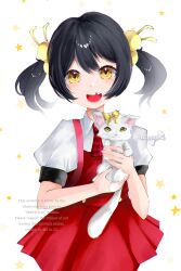  1girl absurdres animal backpack bag black_hair cat commentary dress hair_bobbles hair_ornament highres holding holding_animal kaai_yuki looking_at_viewer missing_tooth necktie open_mouth pinafore_dress plaid_clothes plaid_necktie short_sleeves skellychan sleeveless sleeveless_dress smile solo star_(symbol) vocaloid watermark white_cat yellow_eyes 