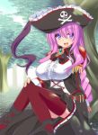  1girl blue_eyes breasts byakuya_mika character_request hat highres large_breasts long_hair open_mouth pirate_hat purple_hair sitting smile solo venus_blood very_long_hair 