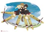  3girls animal_ears arm_around_neck black_hair blonde_hair blue_eyes bomber_jacket brown_eyes brown_hair fernandia_malvezzi green_eyes kamereon_three luciana_mazzei martina_crespi military military_uniform multiple_girls ponytail sky strike_witches striker_unit tail uniform wink 