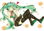  1girl arm_support ayumeru123 black_legwear blush boots colored crossed_legs green_eyes green_hair hatsune_miku heart highres long_hair looking_at_viewer pointing sitting skirt sleeveless smile solo thigh_boots thighhighs twintails very_long_hair vocaloid wink 