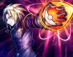  1boy artist_name black_gloves blonde_hair coat commentary_request gloves glowing holding holding_poke_ball looking_ahead male_focus orange_eyes pale_skin poke_ball pokemon pokemon_colosseum profile purple_background purple_coat shinku_castle short_hair solo spiky_hair upper_body wes_(pokemon) 