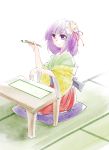  1girl brush flower hair_ornament hieda_no_akyuu highres japanese_clothes kakao_(noise-111) kimono purple_hair scroll sitting smile solo table touhou violet_eyes 