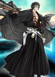  1boy abs arm_at_side belt black_boots black_eyes black_hair black_kimono black_pants blue_background boots closed_mouth fate/grand_order fate_(series) feet_out_of_frame frown grey_haori gun hand_up haori hijikata_toshizou holding holding_gun holding_weapon holster holstered japanese_clothes katana kimono legs_apart long_sleeves looking_at_viewer male_focus no_shirt official_art outstretched_arm pants pectorals pouch rifle sheath sheathed short_hair sideburns solo standing sword thigh_holster thigh_pouch third-party_source toned toned_male v-shaped_eyebrows variant_set weapon white_belt yogo_yuuki 