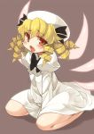  1girl between_legs blonde_hair blush dress drill_hair hand_between_legs hat kneeling luna_child open_mouth red_eyes short_hair simple_background solo touhou tsuderou wings 