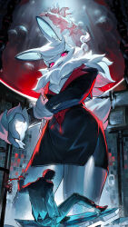  1boy 2girls animal_ear_fluff animal_ears belt black_dress body_fur bound bound_wrists bubble chain chinese_commentary commentary_request cowboy_shot cuffs dress fluffy furry furry_female giant giantess hair_tie handcuffs happy highres indoors industrial_pipe jacket laboratory liquid long_hair long_sleeves looking_at_another looking_down magiace monitor multi-tied_hair multiple_girls open_mouth original pants ponytail rabbit_ears rabbit_girl rabbit_tail red_eyes shoes short_dress short_tail side_slit sitting smile solo_focus standing submerged swept_bangs tail watermark weibo_watermark white_fur white_hair 