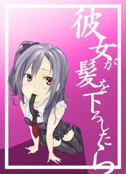  alternate_hairstyle cover cover_page grey_hair hair_down idolmaster idolmaster_cinderella_girls kanzaki_ranko mashiro_kanna mouth_hold red_eyes ribbon 