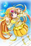  1girl aitaso boots bow brooch bubble_skirt choker circlet cure_muse_(yellow) dress frills hair_ribbon heart jewelry long_hair magical_girl musical_note orange_hair precure ribbon shirabe_ako smile solo suite_precure violet_eyes yellow_dress 