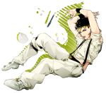  1boy black_hair bowl coin dice earrings headband highres jewelry jojo_no_kimyou_na_bouken kishibe_rohan kumio-appon midriff solo suspenders 