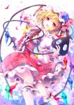  1girl ascot backlighting blonde_hair fang flandre_scarlet flower hat hat_flower hat_ribbon kneehighs laevatein looking_at_viewer open_mouth petals puffy_sleeves red_eyes ribbon riichu shirt short_sleeves side_ponytail skirt skirt_set smile solo touhou vest white_legwear wings wrist_cuffs 