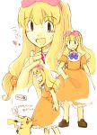  1boy artist_request blonde_hair blush bow crossdressinging dress hair_bow hair_ornament hair_ribbon heart looking_at_another looking_at_viewer open_mouth pikachu pokemon pokemon_(anime) pokemon_(creature) ribbon satoko_(pokemon) satoshi_(pokemon) skirt skirt_pull source_request speech_bubble translation_request trap 