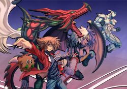  angel_wings blue_hair brown_eyes brown_hair claws collared_jacket demon_girl demon_wings dragon_horns duel_academy_uniform_(yu-gi-oh!_gx) duel_disk duel_monster elemental_hero_flame_wingman elemental_hero_neos horns jacket judgedarts multicolored_hair pointing red_jacket smile third_eye white_hair winged_kuriboh wings yu-gi-oh! yu-gi-oh!_gx yubel yuki_judai 