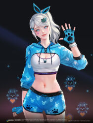  1girl absurdres aqua_eyes blue_jacket blue_shorts breasts closed_mouth counter-strike_(series) counter-strike_online cropped_hoodie dark_background dolphin_shorts grey_hair hair_ornament hair_ribbon hairclip highres hood hoodie jacket large_breasts light_smile looking_at_viewer mirage_(counter-strike) navel non-web_source ponytail ribbon shorts sports_bra thigh-highs upper_body white_sports_bra 