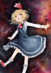  1girl artist_name ascot blonde_hair blush color_ink_(medium) dated dress hair_ribbon highres ink_(medium) mosho open_mouth outstretched_arms red_eyes ribbon rumia short_hair smile solo touhou traditional_media watercolor_(medium) 