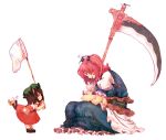  2girls animal_ears brown_hair butterfly_net cat_ears cat_tail chen dragonfly hair_bobbles hair_ornament hand_net hat multiple_girls multiple_tails onozuka_komachi redhead scythe simple_background sitting sleeping tail terajin touhou traditional_media twintails white_background 