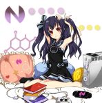  1girl black_hair blush book bow choujigen_game_neptune choujigen_game_neptune_mk2 game_console hair_ornament highres long_hair looking_at_viewer open_mouth pillow playstation_portable red_eyes solo tagme thigh-highs tying_hair uni_(choujigen_game_neptune) xbox_360 yuzupie123 