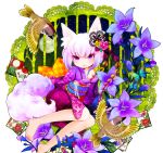  1girl animal_ears bare_legs bare_shoulders barefoot bird blush butterfly checkered flower fox_ears fox_tail full_moon hair_ornament japanese_clothes kimono moomoo7 moon night off_shoulder original purple_hair short_hair smile solo tail violet_eyes 