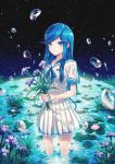  1girl 40hara blue_eyes blue_hair bubble dress flower long_hair night original partially_submerged sky smile solo water 