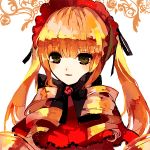  1girl blonde_hair blush bonnet bow dress drill_hair flower green_eyes happytreefriendspikapika long_hair looking_at_viewer open_mouth ribbon rose rozen_maiden shinku simple_background smile solo twintails very_long_hair 